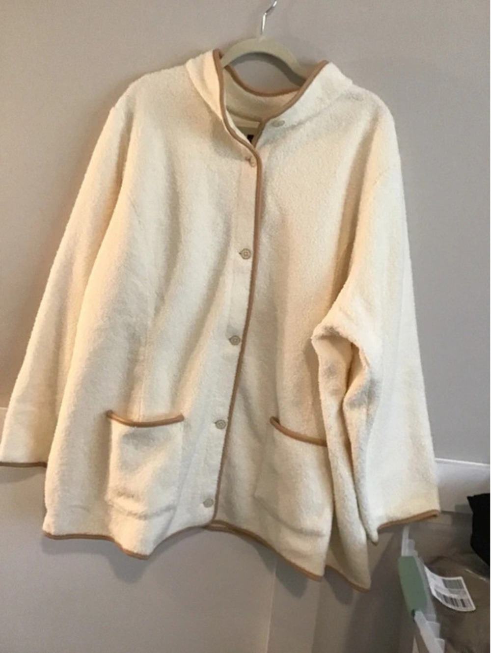 Susan graver bonded fleece, 3x, button front jacket, faux trim, new